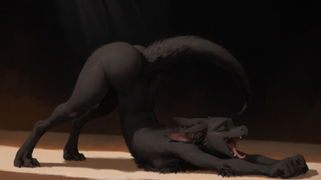 arched_back ass_up black_body black_fur breasts butt claws digitigrade eyes_closed fangs feet female fingers fur jack-o'_pose mythology nude open_mouth pose simple_background solo stretching tail teeth toe_claws toes tongue tongue_out tuft yawn anotheranon dragon furred_dragon furred_scalie mythological_creature mythological_scalie scalie wingless_dragon absurd_res hi_res widescreen