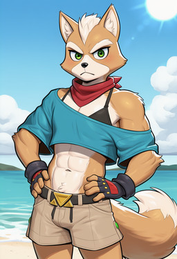 abs anthro beach blue_clothing blue_topwear bottomwear bra_straps brown_bottomwear brown_clothing clothing cloud crop_top fur gloves green_eyes handwear light male midriff muscular navel orange_body orange_fur plant red_scarf scarf seaside serious_face shirt shorts solo sunlight tail topwear water white_body white_fur pontifex nintendo star_fox fox_mccloud hi_res