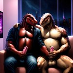 absurd_res anthro balls belly clothed clothing dinosaur dromaeosaurid duo genitals handjob hi_res male male/male masturbation mutual_masturbation night_sky nipples partially_clothed penile penis pup_tobey reptile scales scalie sex theropod