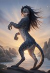 anthro black_body black_fur black_hair cliff digitigrade female fur hair light long_hair looking_at_viewer nude pose rock smile solo standing sunlight sunset tasteful_nudity teal_eyes water director_crashbandit felid mammal pantherine hi_res novelai