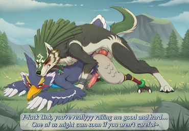 anthro blue_body blue_feathers doggystyle duo feathers feral feral_on_top forest from_behind_position genitals knot male male/male outside outside_sex penetration penis plant sex text tree lightning7 nintendo the_legend_of_zelda link_(wolf_form) revali avian absurd_res hi_res