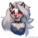 ahegao anotherarcticfox anthro black_pupils blush breasts canid canid_demon cleavage clothed clothing collar demon ear_piercing ear_ring female hellhound helluva_boss hi_res looking_pleasured loona_(helluva_boss) mammal narrowed_eyes notched_ear piercing pupils red_sclera ring_piercing solo spiked_collar spikes tongue tongue_out white_eyes