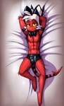 biceps bowtie briefs bulge chest_tuft clothing dakimakura_design demon demon_humanoid hands_behind_head helluva_boss hi_res horn humanoid imp male moxxie_(helluva_boss) muscular pecs solo spade_tail tail tuft underwear yopfox