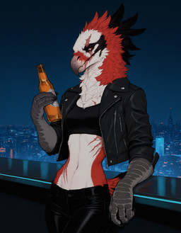 alcohol beak beer beverage black_body black_clothing black_feathers bottle bottomwear breasts city city_background cityscape claws clothed clothing container crop_top facial_scar feathers female holding_beverage holding_bottle holding_object jacket leather leather_bottomwear leather_clothing leather_jacket leather_pants leather_topwear midriff multicolored_body navel night non-mammal_breasts open_clothing open_jacket open_topwear pants red_body red_eyes red_feathers scar shirt small_breasts solo standing tail topwear tuft white_body white_feathers anotheranon accipitrid accipitriform avian bearded_vulture bird old_world_vulture vulture hi_res