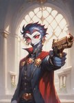 anthro black_body black_feathers clothing ear_piercing feathers gun male piercing ranged_weapon red_eyes royalty solo suit weapon stolas_(helluva_boss) avian bird owl owl_demon