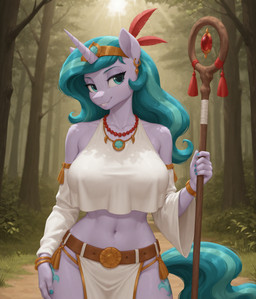 1_horn anthro belt bottomwear breasts clothing cutie_mark female female_anthro forest hair horn jewelry mythological_equine mythology nature nature_background navel necklace plant safe_(disambiguation) solo staff tree unicorn_horn white_clothing lewdtf equid equine mammal mythological_creature unicorn invalid_tag 2025 4k digital_drawing_(artwork) digital_media_(artwork) hi_res stable_diffusion