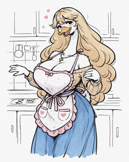 <3 anthro apron big_breasts blonde_hair blush breasts cleavage clothed clothing cross cross_necklace digit_ring female hair huge_breasts jewelry kitchen long_neck necklace ring solo sweater topwear wedding_ring arantonak anatid anseriform anserinae avian bird goose hi_res portrait three-quarter_portrait