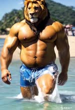 anthro beach_background blue_clothing blue_panties blue_underwear bowing clear_sky clothing looking_at_viewer male muscular nipples panties sea solo underwear walking water joachim58 felid lion mammal pantherine animated webm