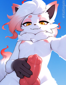 5_fingers animal_genitalia animal_penis anthro blue_background bodily_fluids breasts brown_body brown_fur canine_genitalia canine_penis chest_tuft claws dipstick_ears dipstick_tail eyeshadow fingers fur genital_fluids genitals gynomorph hair hand_on_penis intersex knot long_hair long_tail looking_at_viewer low-angle_view makeup markings multicolored_ears narrowed_eyes nipples penis pink_hair precum reaching_towards_viewer seductive simple_background slim small_breasts smile solo tail_markings touching_penis tuft upper_body white_body white_fur white_hair yellow_eyes kaltingale_(director) nintendo pokemon generation_5_pokemon hisuian_form hisuian_zorua pokemon_(species) regional_form_(pokemon) zorua hi_res watermark