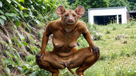 5_fingers anthro breast_jiggle breasts brown_body brown_eyes brown_fur crouching crouching_female female fingers flower fur genitals grass jiggling mouse_ears mouse_tail nipples outside plant pussy realistic realistic_lighting ruins solo teeth whiskers zabern mammal mouse murid murine rodent animated hi_res huge_filesize short_playtime webm