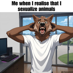 andromorph anthro brown_body brown_eyes clothed clothing computer computer_keyboard furniture hands_behind_head inside intersex male shirt shocked sky solo t-shirt teeth topwear white_clothing white_shirt white_t-shirt white_topwear wood_floor vianaiart meme_2026 canid canine canis humanoid mammal wolf absurd_res hi_res meme