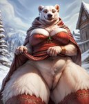 anthro bedroom_eyes breasts cape cleavage cleavage_overflow clothed clothing clothing_lift dress dress_lift female flashing flashing_pussy fluffy genitals hood jewelry legwear low-angle_view medieval_clothing mountains narrowed_eyes no_underwear peach_pussy pussy seductive slightly_chubby snow solo thick_thighs thigh_highs cerinil mammal polar_bear ursid ursine hi_res