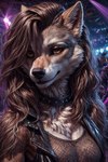 amber_eyes anthro brown_body brown_fur brown_hair canid canine canis clothing collar female fur gilkardex hair hi_res jacket leather leather_clothing leather_jacket leather_topwear looking_at_viewer mammal solo spiked_collar spikes topwear wolf