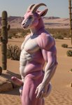 anthro balls belly bovid caprine desert fur genitals goat green_eyes hi_res hooves horn male mammal muscular penis pink_body pink_fur rock solo stablexai standing white_belly white_body white_fur