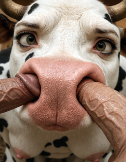 anthro big_penis breasts female fur genitals group group_sex male male/female nasal_penetration nude penis pink_nose sex threesome trio girlswithsnouts bovid bovine cattle human mammal hi_res