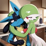 annoyed anthro appliance bodily_fluids chest_spike duo embarrassed embrace female green_hair hair hug kitchen male male/female red_eyes romantic romantic_couple smile spikes spikes_(anatomy) stove sweat sweatdrop wholesome_content window cartuniverse nintendo pokemon gardevoir generation_3_pokemon generation_4_pokemon lucario pokemon_(species)
