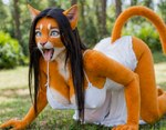 all_fours anthro black_hair blue_eyes bottomless breasts claws cleavage clothed clothing detailed_background dress fangs feet female fingers fur hair hanging_breasts nipple_outline open_mouth orange_body orange_fur outside plant real solo tongue tongue_out whiskers lewdtf domestic_cat felid feline felis mammal absurd_res digital_media_(artwork) hi_res