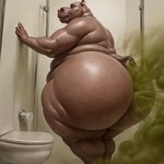 anthro bathroom belly belly_rolls big_belly big_butt brown_body bubble_butt butt fart fart_cloud fart_fetish from_side hand_on_wall huge_butt inside legs_together looking_aside male nude nude_male overweight short_tail simple_background solo standing toilet white_background unknown_director common_hippopotamus hippopotamid mammal