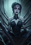 black_hair breasts clothing corset exoskeleton female grey_body grey_skin hair league_of_legends lingerie looking_at_viewer medium_breasts purple_eyes simple_background solo topwear anonymous_director elise arthropod humanoid hybrid insect absurd_res hi_res tagme