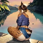 anthro atmospheric blue_clothing blue_topwear bottomwear clothed clothing cutoffs denim denim_clothing dock female fur golden_eyes lakeside nature off_shoulder peaceful reflection shorts sitting smile smirk solo sunset topwear turning warm_lighting water wet wet_body wet_clothing wet_fur yakudzaky felid feline lynx mammal animated hi_res webm