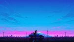 ambiguous_gender car city cityscape clothed clothing cloud detailed_background duo female fur hair landscape male mountain outside road sky solo standing star sunset synthwave vehicle unknown_director canid canine felid mammal hi_res