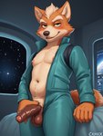 anthro balls bed bedroom blush bodily_fluids body_hair brown_penis clothing foreskin fur furniture genitals green_eyes hairy_balls half-closed_eyes half-erect humanoid_genitalia humanoid_penis jumpsuit male narrowed_eyes navel nipples orange_body orange_fur penis pubes science_fiction smile solo star_fox sweat tan_body tan_fur touching_penis undressing unzipped anonymous_director fox_mccloud canid canine fox mammal attempted_signature hi_res