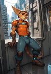 anthro boots bottomwear brown_stripes bulge city city_background clothed clothing footwear fur gloves green_eyes handwear harness hat headgear headwear knee_pads leaning_on_railing light looking_at_viewer male outside pants shirt smile solo standing striped_body stripes sunlight topwear yellow_body yellow_fur ratori ratchet_and_clank ratchet lombax mammal hi_res