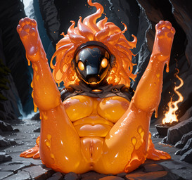anthro anus armor big_breasts breasts female fire genitals goo_dripping headgear helmet legs_up machine mostly_nude paws presenting pussy smile solo spread_legs spreading meara elemental_creature goo_creature protogen hi_res