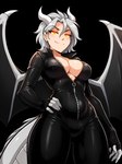 anthro big_breasts bodysuit breasts claws cleavage clothed clothing female glowing glowing_eyes grey_hair hair hand_on_hip horn looking_at_viewer membrane_(anatomy) membranous_wings non-mammal_breasts silver_hair simple_background skinsuit smile solo tight_clothing white_hair wings yellow_eyes zipper anontk twokinds lady_nora_(twokinds) animal_humanoid dragon dragon_humanoid humanoid scalie western_dragon hi_res