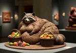 basket blurred_background brown_body brown_fur clay container eyes_closed facial_markings fat_rolls female food fruit fur hand_on_stomach head_markings inside markings mask_(marking) obese overweight plant ring_(marking) ringtail sculpture semi-anthro solo tail_markings anonymous_director mammal procyonid raccoon