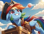 clothed clothed_feral clothing cloud coin female feral grin levitation light low-angle_view magic magical_aura pirate pirate_hat sky smile solo sun sunlight wings tyto4tme4l my_little_pony rainbow_dash_(mlp) equid equine horse mammal pegasus pony hi_res story story_in_description