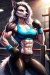 abs anthro background_gym biceps boxing_gloves canid canid_demon clothing demon exercise female fighting_ring handwear hellapoc hellhound loona_(helluva_boss) mammal simple_background slim solo sweating triceps veiny_arms veiny_biceps