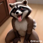 andromorph anthro crouching intersex mammal no_sexual open_mouth procyonid raccoon red_eyes solo tongue tongue_out yiff_ai