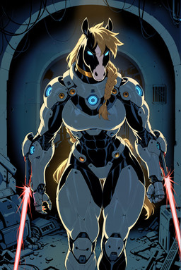 anthro blonde_hair blue_eyes braided_hair choker cybernetics female frown hair jewelry machine muscular muscular_female necklace power_armor solo walking_towards_viewer anonymous_director cyborg equid equine mammal absurd_res hi_res