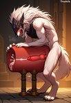 anthro armor blush bodily_fluids breeding_mount digitigrade ejaculation genital_fluids male mane muscular muscular_male precum prompt sex_toy solo stable_diffusion white_mane alcholoicidiot maliketh_(elden_ring) canid canine canis mammal wolf tail hi_res