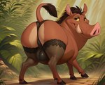 absurd_res all_fours bulge butt clothing domestic_pig feral girly hi_res hooves jungle lingerie lingerie_on_feral looking_at_viewer looking_back looking_back_at_viewer male mammal pose presenting presenting_hindquarters pumbaa raised_tail red_body smauggers solo suid suina sus_(pig) tusks warthog yellow_sclera