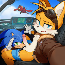 5_fingers after_fellatio after_oral after_sex aircraft airplane anthro anthro_on_anthro blue_body blue_clothing blue_eyes blue_fur blue_underwear bodily_fluids bomber_jacket brown_clothing brown_shirt brown_topwear chest_tuft clothed clothing cockpit cum cum_in_mouth cum_inside cum_on_body cum_on_face day duo ejaculation erection eyebrows eyewear eyewear_on_head fingers flying fur genital_fluids genitals glans gloves goggles goggles_on_head green_eyes grin hands-free handwear head_between_legs humanoid_genitalia humanoid_hands humanoid_penis interspecies jacket_only kneeling leaking_cum looking_at_viewer male male/male midair one_fang open_mouth orgasm_from_oral outside partially_clothed penis pink_inner_ear raised_eyebrow selfie shirt sitting smile snout topwear tuft underwear underwear_down white_clothing white_gloves white_handwear yellow_body yellow_fur ratarang_(director) sega sonic_the_hedgehog_(series) miles_prower sonic_the_hedgehog canid canine eulipotyphlan fox hedgehog mammal novelai
