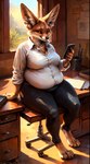 anthro bottomwear canid canine cellphone clothed clothing female fennec ffox475 fox hi_res mammal pants phone shirt sitting sitting_on_table slightly_chubby smartphone solo topwear