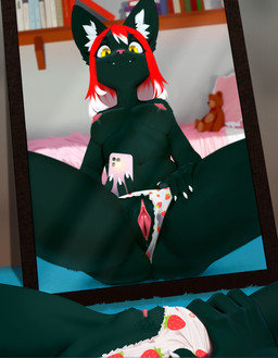 anthro areola bed bedroom bottomwear breasts cellphone claws clitoris clothed clothing clothing_aside electronics female food fruit fur furniture genitals hair lens_flare looking_at_viewer mirror mirror_selfie multicolored_hair nipples panties panties_aside panties_only pattern_bottomwear pattern_clothing pattern_panties pattern_underwear phone plant plushie presenting presenting_pussy pussy red_hair selfie smartphone smile solo spread_legs spreading strawberry text topless two_tone_hair underwear underwear_aside underwear_only white_claws white_hair yellow_eyes soloko domestic_cat felid feline felis mammal absurd_res hi_res