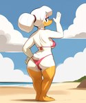 absurd_res accessory anatid anseriform anthro avian beach bikini bird black_eyes breasts butt camel_toe clothing cloud9999 curvy_figure daisy_duck disney duck ducktales ducktales_(2017) eyebrows eyeliner eyeshadow female gesture hair hair_accessory hair_tie hand_on_hip hi_res looking_at_viewer looking_back looking_back_at_viewer makeup membrane_(anatomy) non-mammal_breasts orange_legs pink_clothing ponytail raised_eyebrow rear_view scut_tail seaside short_tail smile solo standing swimwear thick_thighs voluptuous waving webbed_feet wet wet_body white_body white_hair white_skin