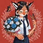 anthro biped bottomwear bouquet clothing female flower flower_bouquet green_eyes necktie plant school_uniform skirt solo uniform anonymous_director invoke_high arthropod butterfly felid feline insect lepidopteran mammal hi_res