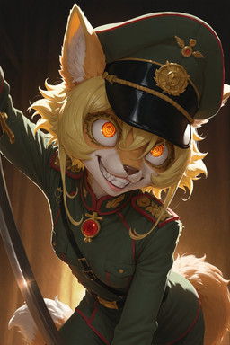 alternate_species anthro blonde_hair breasts brown_body brown_fur clothing evil_grin eyelashes female fur furrification hair hat headgear headwear melee_weapon military_cap military_uniform orange_body orange_eyes orange_fur smile solo spiral_eyes sword uniform weapon white_body sparagmos tanya_degurechaff canid canine fox mammal absurd_res hi_res
