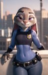 against_surface against_wall anthro bedroom_eyes belt city city_background clothing ears_down eyebrows female grin looking_at_viewer narrowed_eyes on_roof pivoted_ears police_uniform raised_eyebrow seductive smile solo tight_clothing topwear uniform vest zootopia finaleclipse judy_hopps lagomorph leporid mammal rabbit