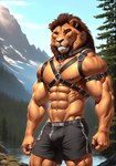 absurd_res anthro bottomwear bulge clothing detailed detailed_background detailed_fur felid harness hi_res lion looking_away male mammal mane muscular pantherine realistic shorts solo