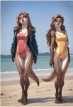 anthro beach blue_eyes brown_body brown_eyes brown_fur brown_hair clothed clothing digitigrade duo female forest fur hair hill long_hair looking_at_viewer one-piece_swimsuit plant seaside smile solo standing swimwear tree water wave director_crashbandit lutrine mammal mustelid hi_res novelai