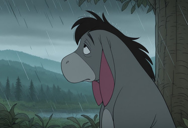 cloud cloudy day detailed_background feral forest grass hair hill lake looking_up male mountains nature outside plant raining sad sky solo tree water boxen549 disney winnie_the_pooh_(franchise) eeyore asinus donkey equid equine mammal