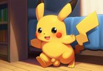 animal_genitalia balls bed blush bookshelf feet fully_sheathed fur furniture genitals happy looking_at_viewer male open_mouth sheath soles solo spread_arms step_pose walking yellow_body yellow_fur jomisa nintendo pokemon generation_1_pokemon pikachu pokemon_(species)