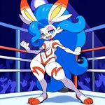 big_hair blue_hair convenient_censorship cosplay female fighting_ring hair pose solo thick_thighs white_body wide_hips captaincommandon't felicia_(darkstalkers) generation_8_pokemon lagomorph leporid mammal pokemon_(species) rabbit scorbunny novelai