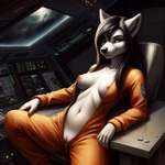 1:1 anthro black_hair breasts canid canine canis casual_exposure clothing detailed_background doc_(director) exposed_breasts female genitals hair jumpsuit looking_at_viewer mammal midriff nipples pussy science_fiction sitting smile smirk solo solo_focus space spacecraft vehicle wolf