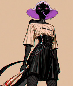 alternative_fashion anthro bat_(object) belt black_body black_bottomwear black_clothing black_fur black_scales black_skirt blood blood_on_weapon bodily_fluids bottomwear chain chromatic_aberration clothed clothing collar collarbone corset eyebrows fangs female fishnet fishnet_legwear forked_tongue fur goth hair legwear lingerie medium_hair off_shoulder open_mouth purple_eyes purple_hair purple_tongue scales shirt skirt snake_snout solo t-shirt tail tan_clothing teeth text text_on_clothing tongue tongue_out topwear weapon loren_iipsum furred_scalie reptile scalie snake hi_res watermark